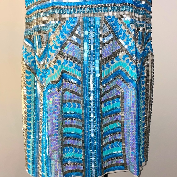 NWT Parker heavily beaded embellished sequin  vneck turquoise blue mini dress - Picture 3 of 12
